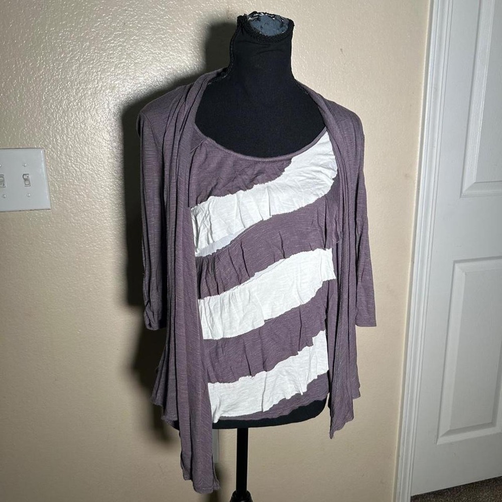 Le Rouge Vintage Grey White Ruched Striped Top Cardigan Set Y2K Grunge Medium